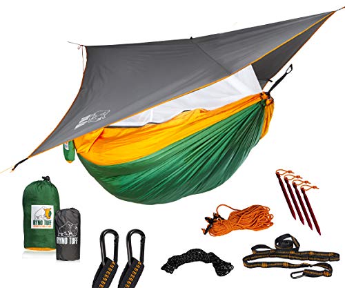 Ryno Tuff XL 2 Person Camping Hammock with Mosquito Net & Rain Fly - Compact Double Hammock with Bug Net, Tarp, Pocket, Tree Straps & Heavy Duty Carabiners - Parachute Grade Nylon Holds Over 600lbs - color: Rain Fly and Mosquito Net