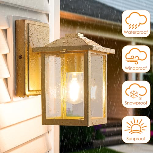 MATAMEYE Outdoor Wall Lantern, Exterior Waterproof Wall Sconce Light Fixture, Gold Front Door Mounted Lighting with Glass, Anti-Rust Porch Lamp - color: Gold, size: 8.08 inch