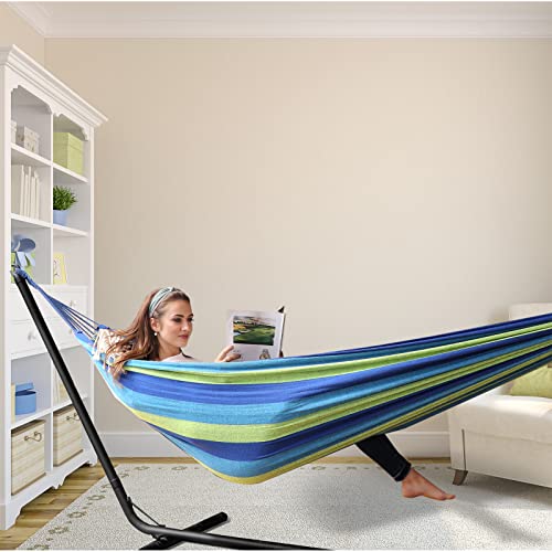 ANYOO Cotton Hammock Portable Camping Hammocks for Hanging Sturdy Garden Comfortable Fabric Hammock with Tree Straps Up to 660lbs with Travel Bag for Camping Outdoor/Indoor Patio Backyard - color: Green