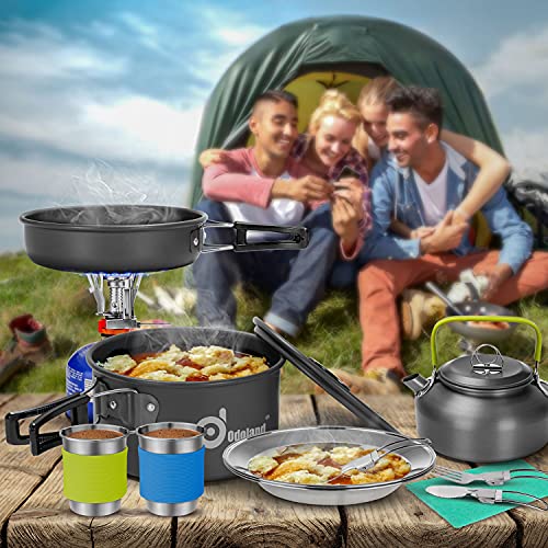 Odoland 15pcs Camping Cookware Mess Kit, Non-Stick Lightweight Pot Pan Kettle Set with Stainless Steel Cups Plates Forks Knives Spoons for Camping, Backpacking, Outdoor Cooking and Picnic - style: Black