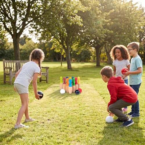 Lawn Bowling Games Wooden Backyard Yard Game Set with 10 Pins 3 Balls and Mesh Bag for Kids Adults Indoor Outdoor