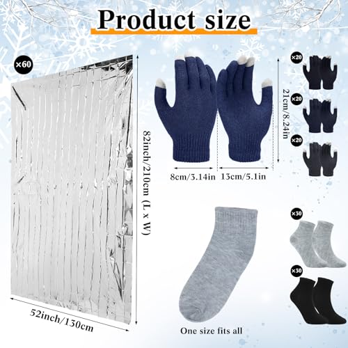 180 Pcs Homeless Care Package Supplies Bulk Winter Emergency Thermal Blankets Warm Socks Touchscreen Gloves Space Blanket Survival for Cold Weather Outdoor for Men Women(Classic Colors) - color: Classic Colors