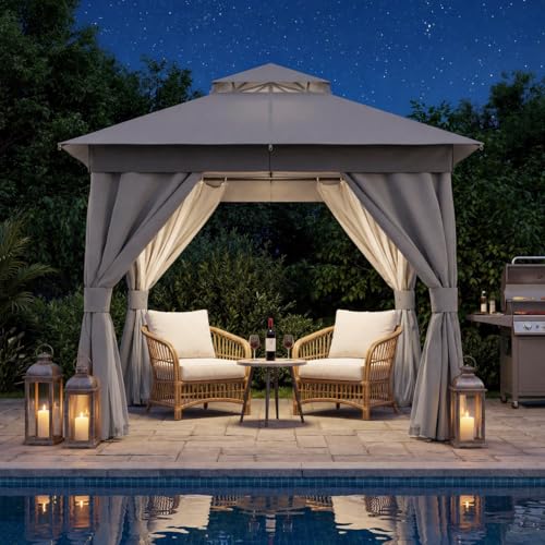 LAUSAINT HOME 8'x8' Outdoor Patio Gazebo, Heavy Duty Party Tent & Shelter with Double Roofs, Mosquito Nettings and Privacy Screens for Backyard, Garden, Deck (Grey) - color: Gray, size: 8'x8'