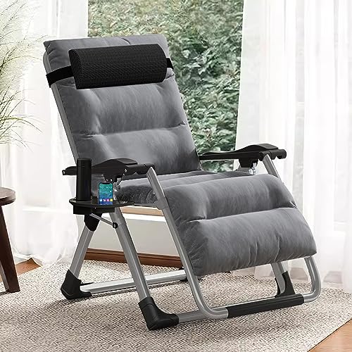 DoCred Comfy Chair, Folding Chair Recliner Chair for Bedroom and Living Room, Folding Reclining Patio Chairs Lounge Chair with Removable Cushion for Indoor Outdoor - color: Light Gray