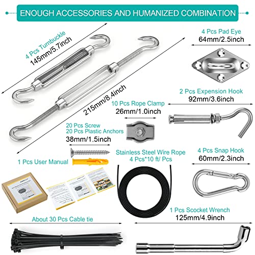 Sun Shade Sail Hardware Kit with 4pcs 10ft Length Extension Nylon Wire Rope, Triangle Rectangle Shade Canopy, 304 Stainless Steel, Garden Outdoors