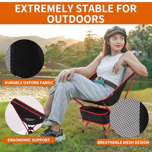 Ultralight Camping Chair, Foldable Portable Camping Chair with Breathable Nylon Mesh, Compact Design & Carry Bag for Hiking, Backpacking, Beach, Concerts (Black&red) - color: Black&red