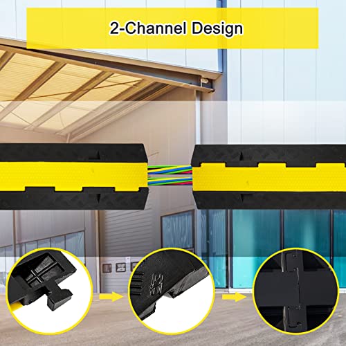 CXRCY Cable Ramp 4 Pack 2 Channel 11000lbs axle Capacity Floor Cable Cord Protector, Black & Yellow Speed Bumps Hose Protector Ramps for Wire/Hose/Pipe Hider Driveway &Outdoor 40x10x2 inch(L x W x H) - size: 4 Pack 2 Channel