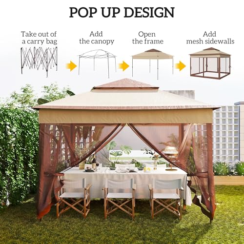 Outsunny 11' x 11' Pop Up Canopy, Outdoor Patio Gazebo Shelter with Removable Zipper Netting, Instant Event Tent w/ 114 Square Feet of Shade and Carry Bag for Backyard, Garden, Khaki - color: Khaki, size: 10.75' L x 10.75' W x 9.75' H