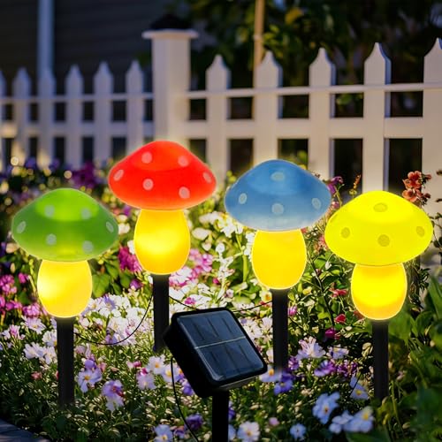 4Pcs Mushroom Solar Lights Outdoor, Waterproof Fairy Houses Light Mushroom Garden Decor Decorative Solar Powered Garden Stake Lights for Outside Lawn Walkway Patio Yard (Red/Yellow/Green/Blue) - color: Multicolor