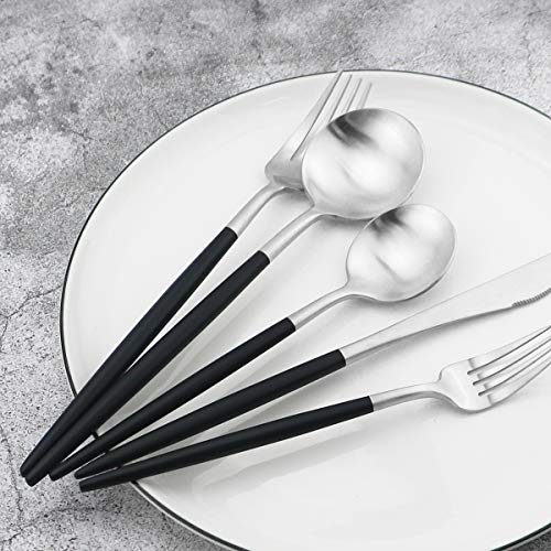 Black Handle Matte Silver Silverware Set - 5-Piece 18/10 Stainless Steel Satin Finish Flatware, Kitchen Utensils, Tableware Travel Cutlery for Camping Office Lunch - Dishwasher Safe - color: Black Handle Silver, size: Service for 1