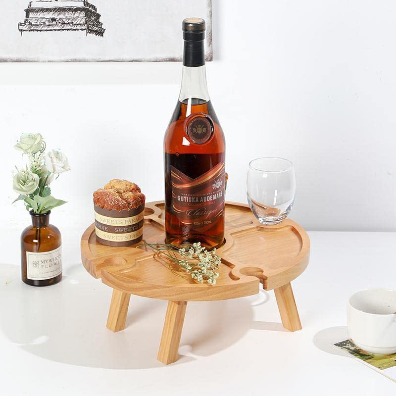 Wooden Folding Picnic Table with Wine Glass Holder - Portable Creative 2 in 1 Wine Glass Rack & Compartmental Dish for Cheese and Fruit for Outdoor, 11.81D x 11.81W x 6.29H in