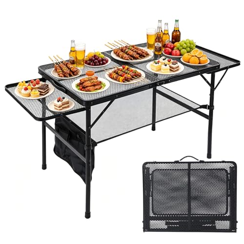 JOUYEK Folding Grill Table, 3x2 FT Portable Camping Table with 2 Wing Panels, Height Adjustable Metal Tables with Mesh Desktop and Mesh Bag, Outdoor Furniture for Camping, Picnic, Beach and BBQ, Black - style: 3X2 FT with 2 panels