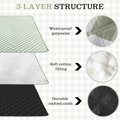 Nuanchu Checkered Picnic Blanket Extra Large Outdoor Blanket Sandproof 80"x80" Waterproof Portable Machine Washable 3 Layer Thick Gingham Picnic Mat for Beach Camping Park Grass Travel(Grass Green) - color: Grass Green