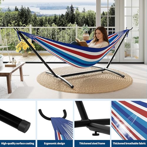 Double Hammocks with Stand for Outside, Portable Space Saving Heavy-Duty Steel Stand for Indoor Outdoor Patio with Carrying Bag, 450 lbs Capacity - color: Blue-white-red Striped