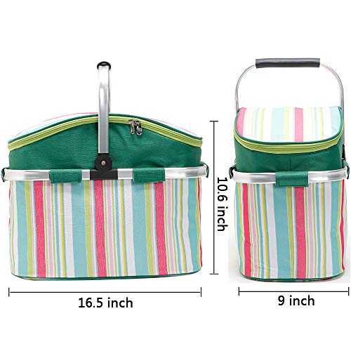 Insulated Picnic Basket 26L Portable Collapsible Market Basket Reusable Picnic Tote with Aluminum Handle Perfect for Camping, Shopping, Travel, Large Size Stylish Cooler Bag (Stripe) - color: Stripe