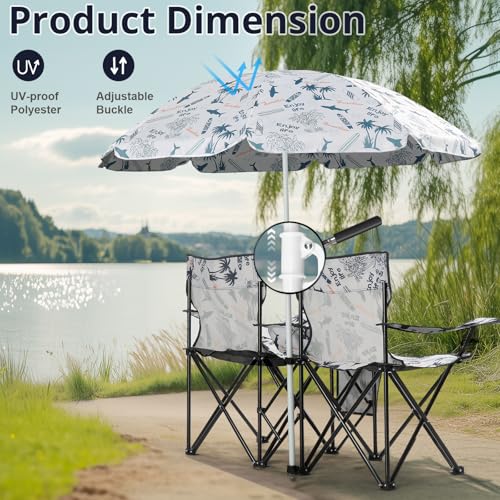 Outvita Folding Double Camping Chair w/Umbrella Beverage Holder Carrying Bag Cooler Fold Up Table, Large Bearing Capacity for Beach Patio Pool Park Outdoor Shark Pattern - color: Shark Pattern