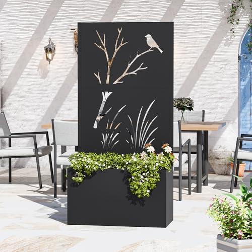 Modern Shade Metal Planter Box with Trellis Privacy Screen, 6x3 FT Large Raised Garden Bed, Multi-Functional Privacy Screen Outdoor with Drainage Holes for Climbing Plants, Perch Meadow - size: 1 PC (Perch & Meadow) with Planter Box