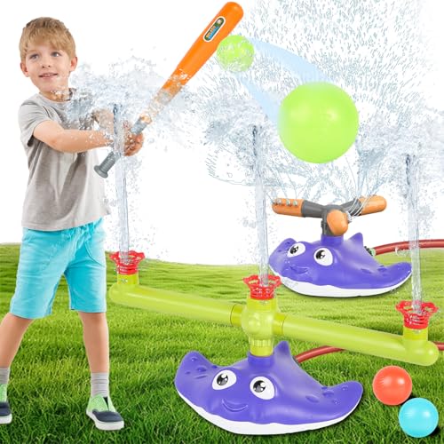 2-in-1 Water Sprinkler Baseball Toy Set for Kids, Summer Outdoor Water Game with 2 Sprinkler Heads, 360° Rotating Sprinkler for Backyard Summer Fun