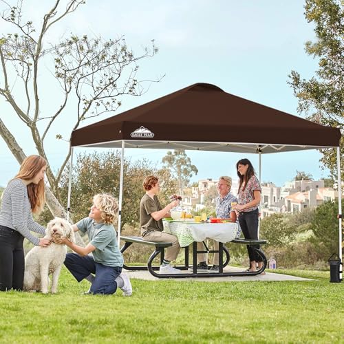 EAGLE PEAK Pop Up Canopy Tent with Wheeled Carry Bag, 8 Stakes, 4 Ropes, 4 Weight Bags, Easy Set Up Tent Canopy, 10x10 ft, 100sqft of Shade, Brown - color: Brown, size: 10x10