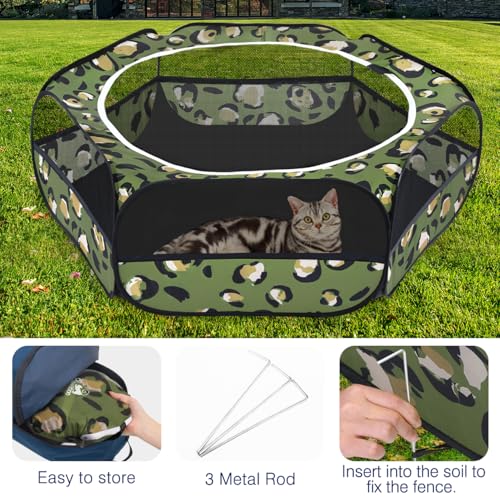 Pawaboo Small Animals Playpen, Waterproof Small Pet Cage Tent with Zippered Cover, Portable Outdoor Yard Fence with 3 Metal Rod for Chick/Kitten/Puppy/Guinea Pig/Rabbits/Hamster, Leopard Print - color: T-Leopard Print