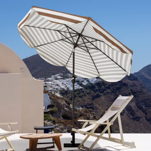 Tempera 9ft Auto Tilt Scalloped Patio Umbrellas Outdoor Table Umbrellas with Fade Resistant Canopy, 8 Sturdy Rids, Luxurious Vintage Umbrellas for Lawn, Pool, Deck, Balcony - color: Beige Khaki Stripe, size: 9 FT