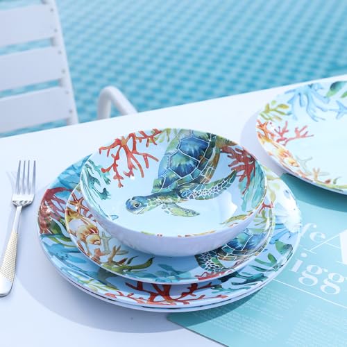 12-Piece Melamine Turtle Dinnerware Set, Ocean Plates and Bowls Sets, Indoor Outdoor Dish Sets for 4, Unbreakable Lightweight Tableware Set - Turtle - color: Blue Turtle