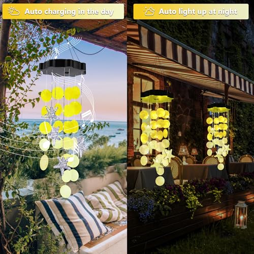 Solar Shell Gift for Mom Grandma Girls, Yellow Solar Wind Chimes for Outside, Outdoor Decorative Mobile Lights for Garden, Yard, Patio, Window, Party, Outdoor Decorations(Warm White) - color: Yellow