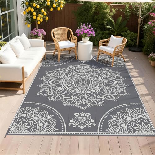Pauwer Waterproof Outdoor Rug 6x9, Reversible Plastic Straw Patio Camping Rug, Indoor Outdoor RV Mat Carpet for Deck, Camper, Porch, Balcony, Backyard, Picnic, Floral Grey - color: Floral Grey, size: 6' x 9' (Rectangular)