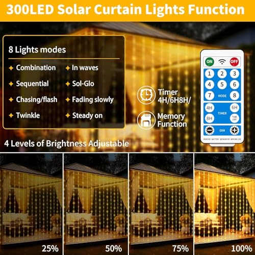 Solar Curtain Lights Outdoor Waterproof 10 * 10Ft 300LED Waterfall Light with 8 Modes Remote Rechargeable Dimmable Hanging Twinkle Fairy String Lights for Outside Christmas Gazebo Party Wedding - color: 300LED Warm White