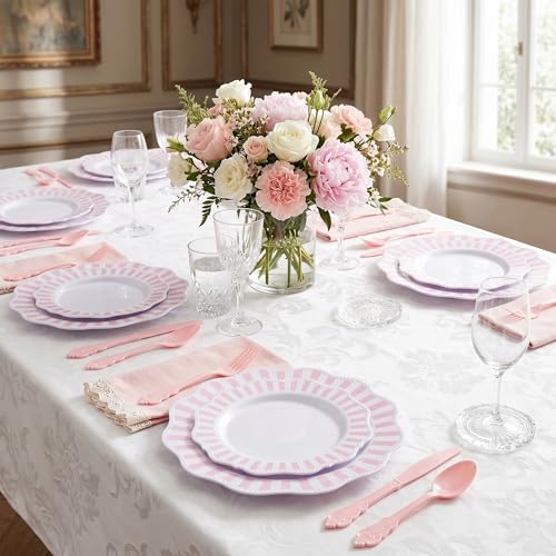 COLOSUS 150pcs Disposable Pink and White Stripped Plastic Plates and Silverware set, Light Pink Dinner/Dessert Plates silverware serve 30guests for Easter Day, Wedding Party and Daily use. - color: White+Pink