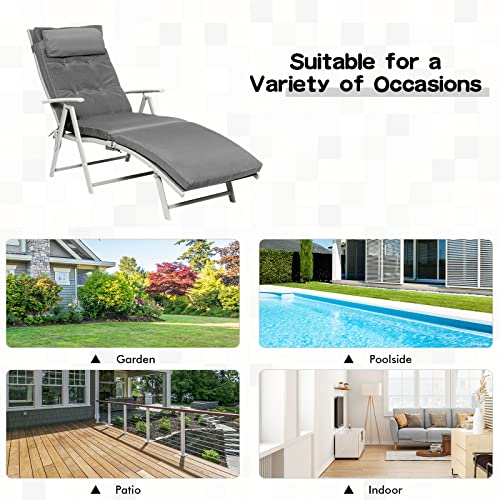 Giantex Chaise Lounge Chair for Outside, Pool Folding Reclining Beach Chair W/Removable Cushion&Headrest Pillow, Outdoor Lounge Chaise w/ 7 Backrest Positions, Portable Patio Lounger (1, Grey) - color: Grey