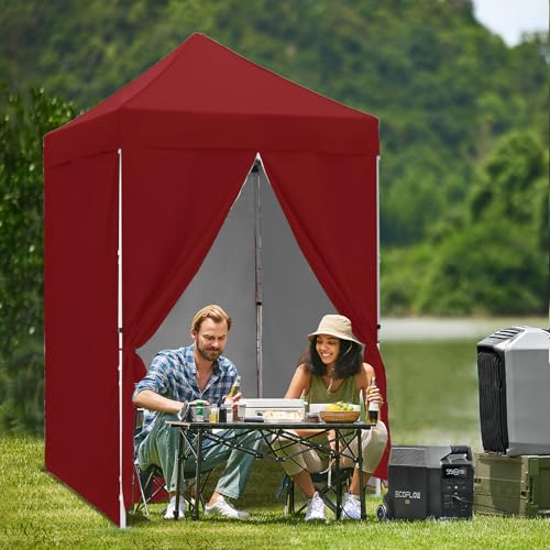 5x5 Pop Up Canopy Tent with Four Sidewalls, Instant Portable Beach Canopy, Outdoor Tent with Carry Bag for Camping, Sports, Tailgating, Events, Burgundy - color: Burgundy, size: With Four Walls