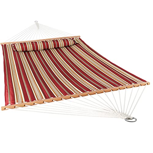 Sunnydaze Quilted Double Hammock for Outside with Spreader Bars and Pillow - 450 lb Capacity, 74x55 Inch Bed, UV Resistant, Quick Dry - Chains Included, Stand Sold Separately - Red Stripe - color: Red Stripe