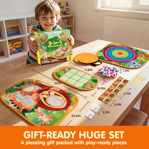 JOYIN 3-in-1 Animal Bean Bag Toss Game for Kids, Portable Corn Hole Games with Tic Tac Toe & Small Sticky Balls, Indoor & Outdoor Toys for Party Yard Beach Lawn, Birthday Gift for Boys Girls Toddlers