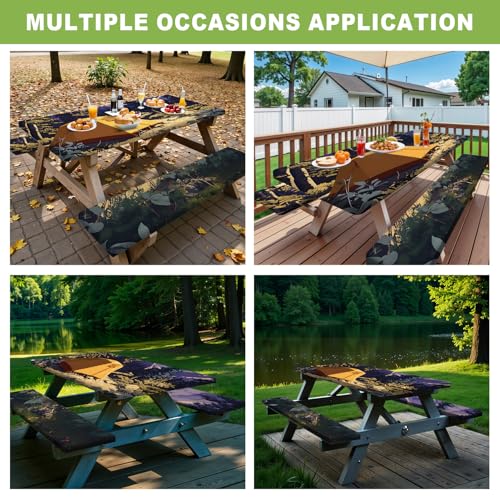 ANNA QUEEN Camping Adventure 6FT Picnic Table Cover with Bench Covers Set of 3 with Drawstring Bag, Forest Tent Scene 72"x30" Waterproof Picnic Tablecloth & Bench Covers for Outdoor Dining - color: #52