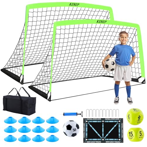 2 Set Kids Soccer Goals for Backyard with Training Equipment, Portable Foldable Practice Nets with Ball, Dice & Mat, Cones, Air Pump and Carry Bag for Toddler Youth Outdoor Sports Game - color: Optic Green, style: 5x3FT