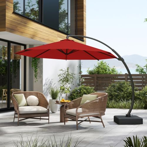 12FT Cantilever Umbrella with Base Large Curvy Outdoor Aluminum Offset Umbrella w/ 360° Rotation, UV Resistant Canopy for Patio, Garden, Backyard, Red - color: Red, size: 12FT