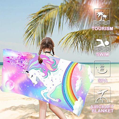 Bonsai Tree Unicorn Microfiber Beach Towel, Rainbow Kids Quick Dry Beach Blanket Oversized Clearance 30" x 60", Magic Castle Cute Sand Proof Bath Towels for Girls Travel - color: Unicorn 1, size: 30"x60"