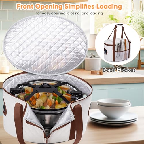 BAGSPRITE Slow Cooker Carrying Case Compatible with 6-8 Quart Crockpot Carrier for Hot Food and Hamlton Beach Slow Cooker Tote with Lid Fastener for Crock-pot Dust Cover Applicances - color: Ivory