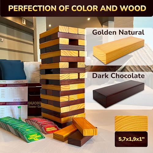 QUOKKA Premier Jumbo Tumble Tower Game - Block Stacking Game for Family - 2.8 Ft | 54 Blocks with Fun Challenges | Water Weather Resistant - Big Wooden Game for Yard