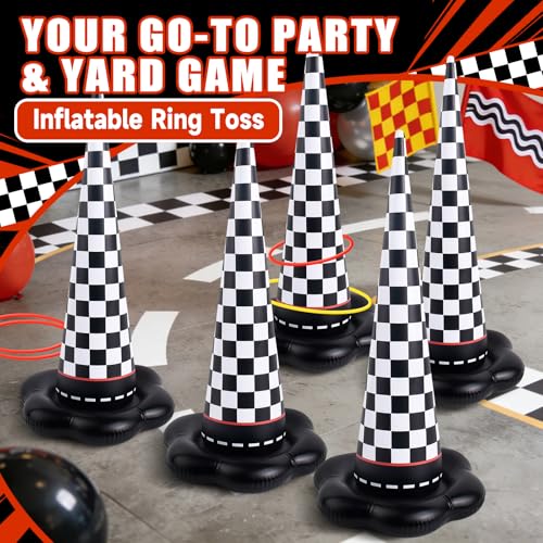 5 Pack Inflatable Ring Toss Games for Kids - Black Checkered Racing Themed Party Games Set with 10 Plastic Rings and Pump, Indoor Outdoor Carnival Garden Toy & Party Favors - color: Black White