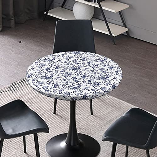 Floral Pastoral Style Fitted Tablecloth Round Blue Floral Elastic Edge Table Cover, Polyester Table Pad Cloth for Indoor Fits Tables up to 28 in Diameter - color: Blue, size: 28" (Round)