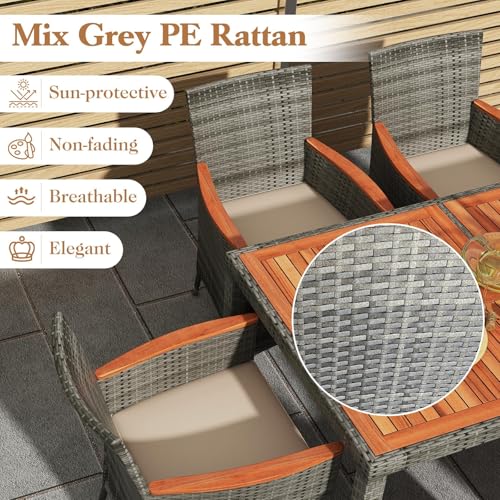 HAPPYGRILL 7 Piece Patio Rattan Dining Set Outdoor Wicker Chair & Table Set, Acacia Wood Tabletop & Armrests, Seat Cushions Included, Space-Saving Dining Set for Poolside Backyard Garden - color: Mix Grey & Beige