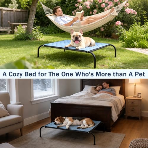 SZEE Raised Dog Cot Bed with Detachable 2-Sided Cooling/Warming Waterproof Mat, Elevated Dog Bed for Medium Sized Breeds with Durable Steel Frame & Sturdy Teslin Mesh, Outdoor & Indoor All-Season Use - size: Medium