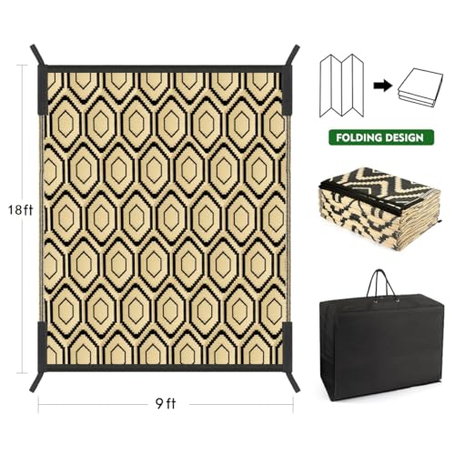 fifame Outdoor Camping Rugs, 9x18 Outdoor Rug Patios Clearance Plastic Straw Rug Weatherproof Reversible Mats, Large Floor Mat for Outdoors, RV, Patio, Backyard, Deck, Picnic, Beach, Trailer, Camping - color: Off-white & Black, size: 9' x 18'