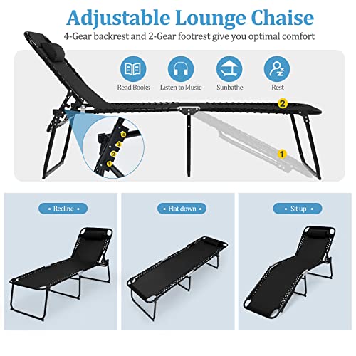 GYMAX Lounge Chairs for Outside, Extra High Folding Beach Tanning Lounger with 4-Level Adjustable Backrest, 2-Level Footrest & Removable Pillow, Sunbathing Lounge for Patio, Lawn, Poolside (1, Black) - color: Black