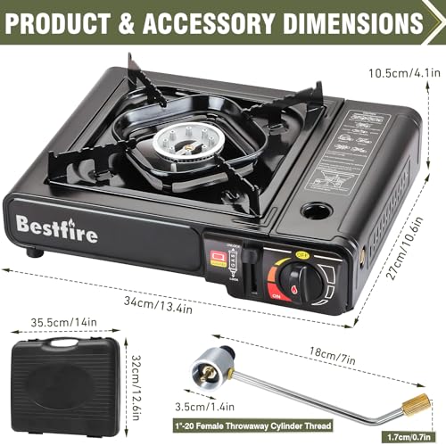 BESTFIRE Portable Dual Fuel Camping Stove - 10,000 BTU Butane and Propane Stove with Adapter & Case - Single Burner Gas Stove for Outdoor Cooking, Tailgating & Emergency