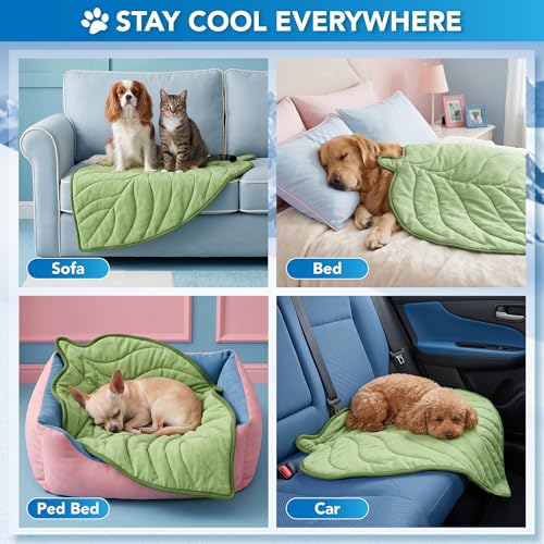 PetAmi Dog Cooling Mat, Leaf Shape, Pet Pad with Cooling Nylon & Soft Fleece, Q-Max > 0.4 Reversible All Season Blanket for Dogs & Cats, Medium 42x48 in, Sage Green - color: Sage Green, size: Medium