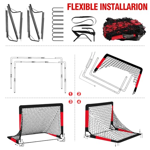 Kids Soccer Goal for Backyard Set - 2 Set of 7X5 / 6X4 ft Toddler Soccer Nets Training Equipment, Soccer Ball, Pop Up Portable Soccer Set for Kids and Youth Games and Training Goals Ages 3-16 Gift - color: 2.Black Red