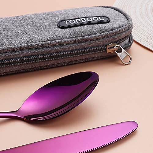 8-Piece Portable Stainless Steel Flatware Set, Travel Camping Cutlery Set with Purple Waterproof Case - color: Purple